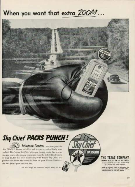1953 Texaco Gasoline Gas Oil Sky Chief Vintage Print Ad Boxing Glove Punch Zoom