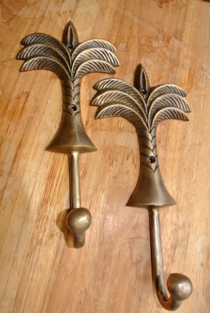 2 large Palm tree COAT HOOKS solid age brass tropicle vintage old style 20 cm B 4