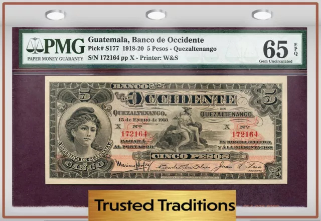 Tt Pk S177 1918-20 Guatemala 5 Pesos Pmg 65 Epq Gem Uncirculated Pop Two!