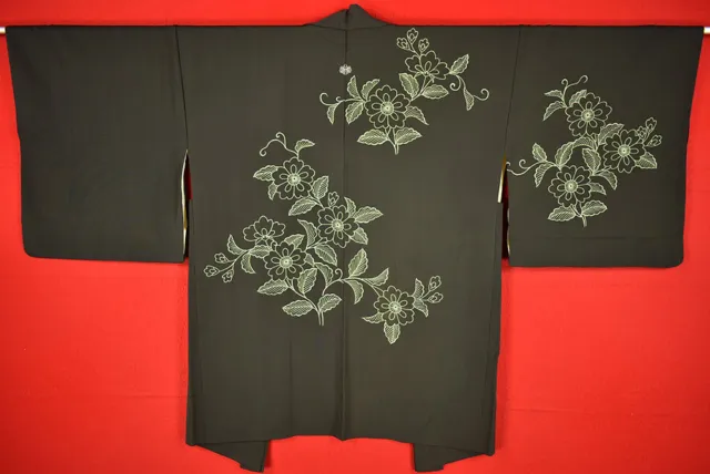 Vintage Japanese Kimono Silk Antique BORO Black HAORI Kusakizome Dyed/A447/660