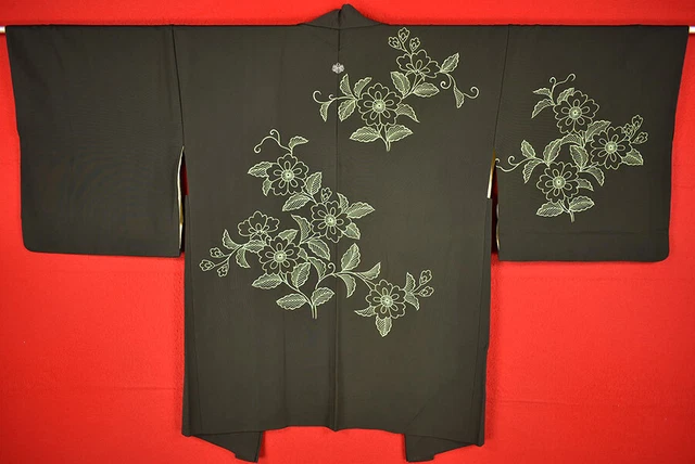 Vintage Japanese Kimono Silk Antique BORO Black HAORI Kusakizome Dyed/A447/660
