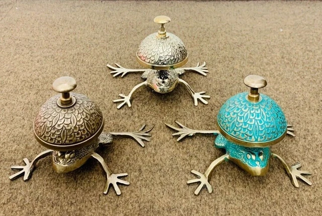 Campana de mesa de rana con acabado antiguo de latón náutico, campana de...
