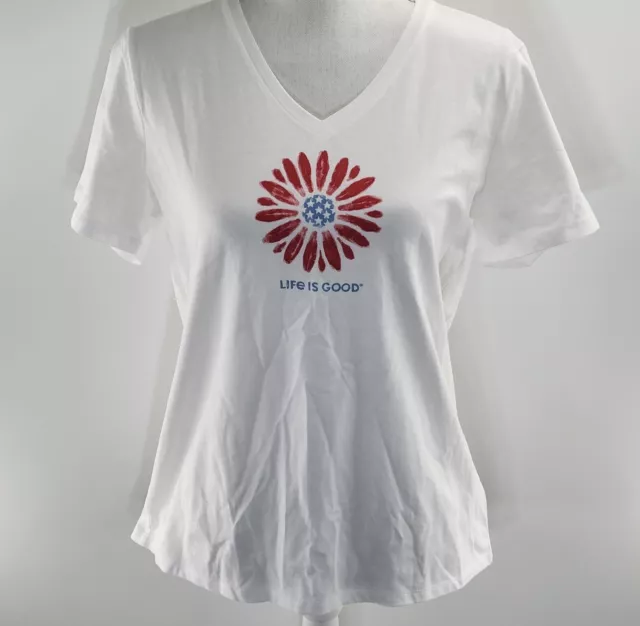 LIFE IS GOOD Tee Good Daisy White V-Neck SS Women's Size M NWT