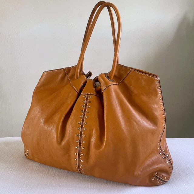 Vintage Michael Kors Astor Large Leather Studded Ring Tote Hobo Bag Cognac Tan