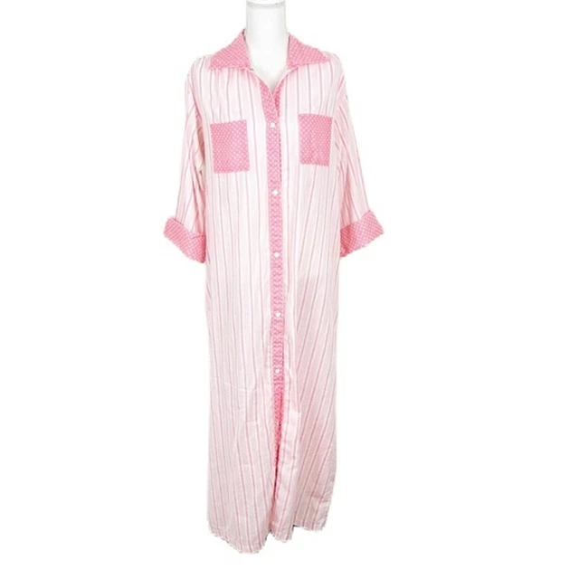 adonna Sleep Dress Women Medium Pink White Striped Snap Button Down Loungewear