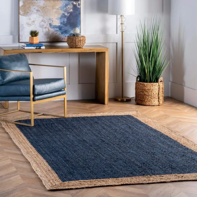 Jute Carpet in Customize Sizes Hand Braided Rectangle Area Rug Blue Beige