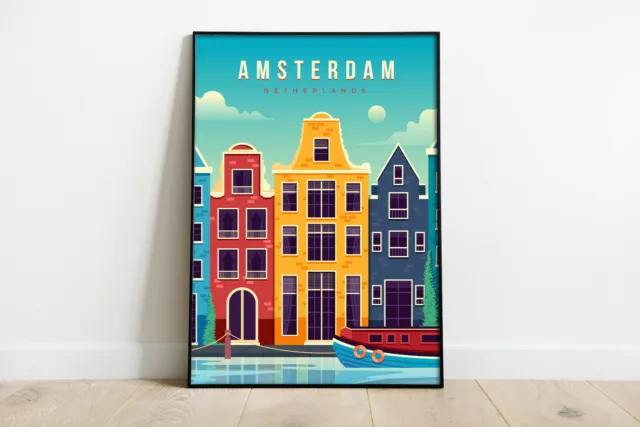 Amsterdam travel poster, Amsterdam retro city print, Netherlands wall art, gift