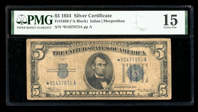 DBR 1934 $5 Silver STAR Fr. 1650* PMG 15 Serial *01437973A