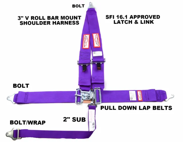 Racing Harness 5 Point Sfi 16.1 V Mount 3" Latch & Link Purple Made In The Usa