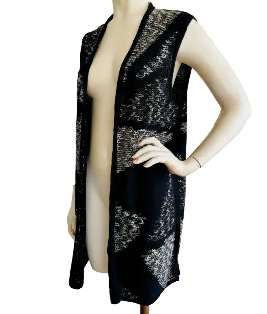 NIC + ZOE Sweater Cardigan Vest Black Print Open Front Long Duster Size L