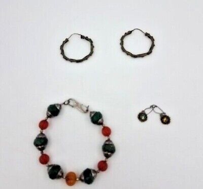Vintage Sterling Silver Jewelry Lot.turquoise and amber beaded bracelet.earrings