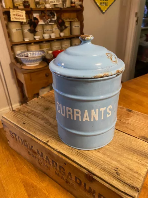 Vintage Pale Blue Enamel Kitchen Storage Jar / Canister – Currants – Kitchenalia