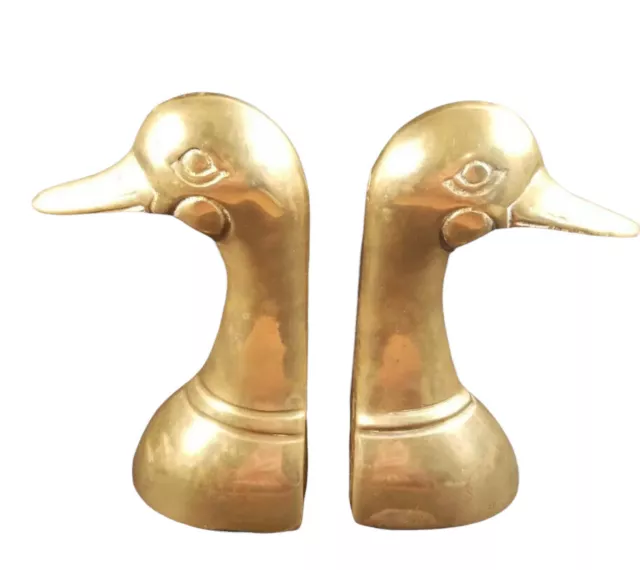 Mid Century Brass Mallard Duck Head Bookends Leonard Silver Made in Korea 6.5"