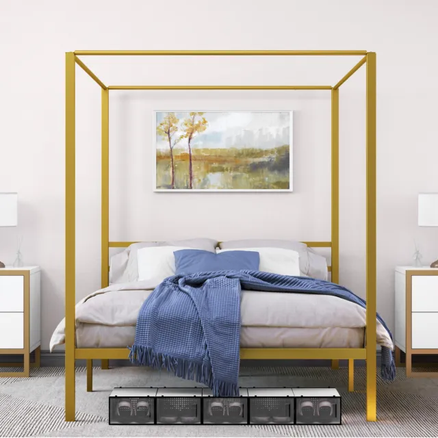 TAUS Queen/King Size 14" Metal Four Poster Canopy Bed Frame Platform Bed Frame
