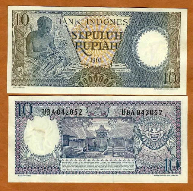 Indonesia, 10 Rupiah, 1963, P-89, Ch. UNC Wood Carver