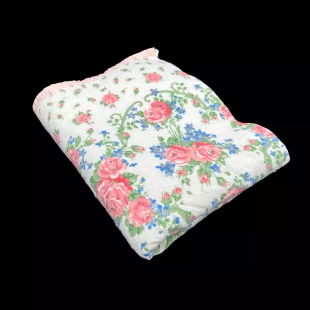 Vintage Blanket Baby Pink Roses Satin Trim Edge Acrylic USA Blue Flowers Cottage