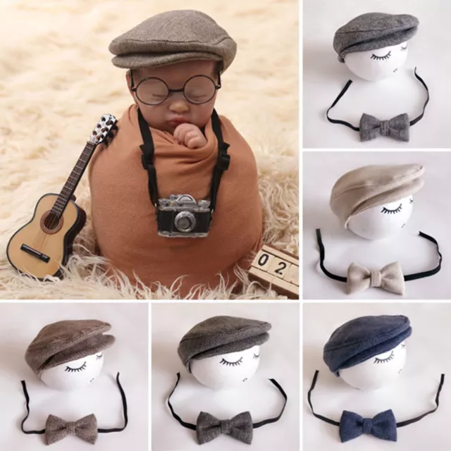 Hat Bow Set Baby Photography Props Newborn Herringbone Peaked Cap Tie for Prop