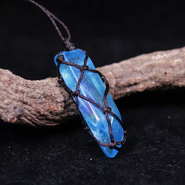 Blue Titanium Crystal Rainbow aura pendant Quartz point Healing Necklace