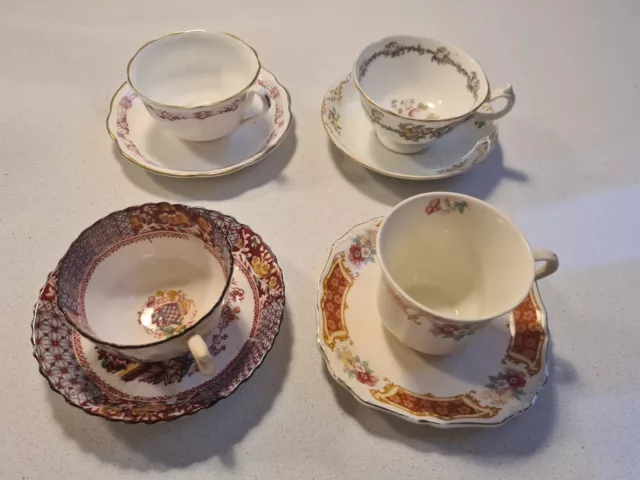 4 Fine English Bone China Tea Cups and Saucers - Royal Doulton, Meakin & Tuscan