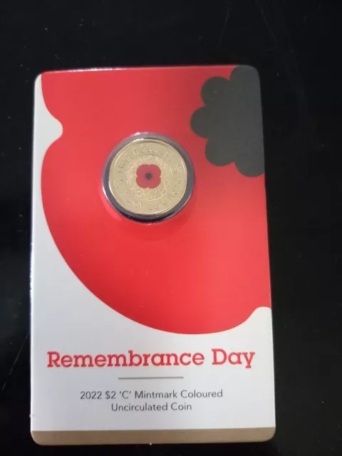 2022 $2 Red Poppy Remembrance “C” Mint mark Coloured UNC Coin on card