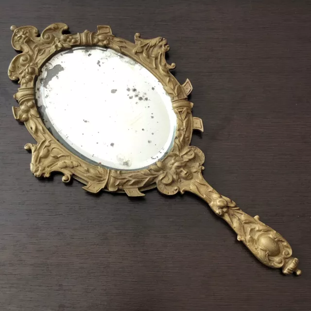 Miroir Face A Main Bronze Doré Verre Biseauté XIXè