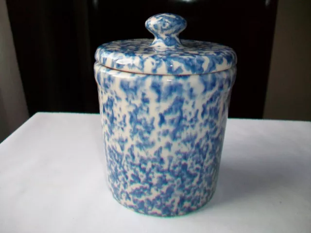 Workshops  Gerald E. Henn Pottery Covered Jar Crock Canister Blue Spongeware Htf