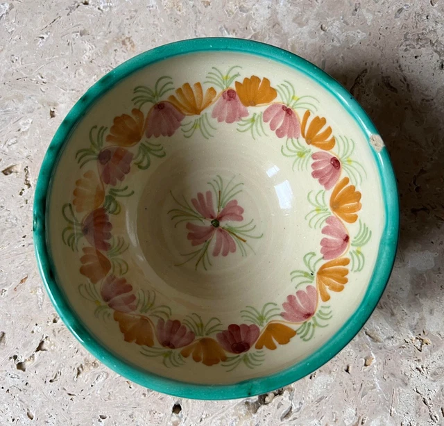 Ancien bol faïence beige vert motif fleurs à l' intérieur