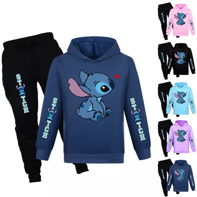 Kids Lilo Stitch Print Casual Hoodie Pants Suit Boys Girls Hooded Top Tracksuit