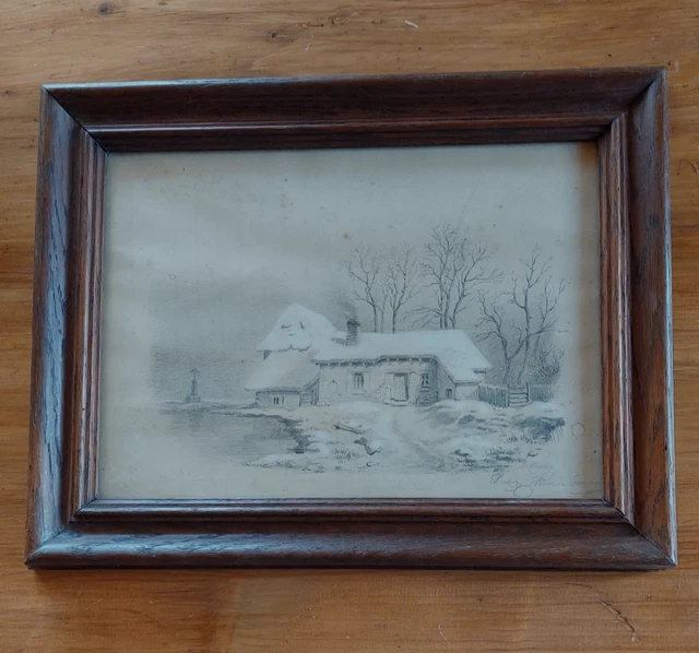 ANCIEN DESSIN ORIGINAL au crayon signé paysage de barrage de forteresse
