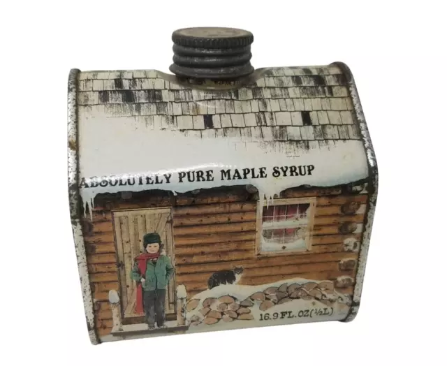 Vintage Vermont Absolutely Pure Maple Syrup Log Cabin Can Christmas Winter Decor