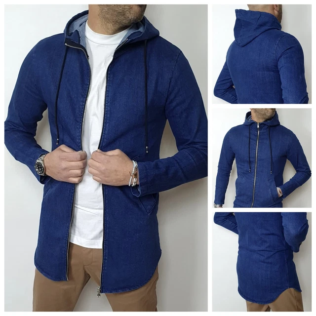 Giubbotto parka da uomo giubbino Denim Jeans Primaverile slim fit blu Cappuccio
