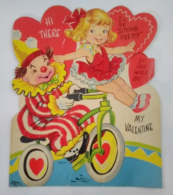 Valentine Card Girl And Clown Glitter Mechanical I'll Be Sitting Pretty 1940s