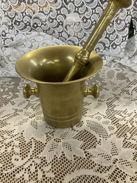 Antique Heavy Solid Brass Mortar And Pestle Large Pharmacy Apothecary Bowl Set