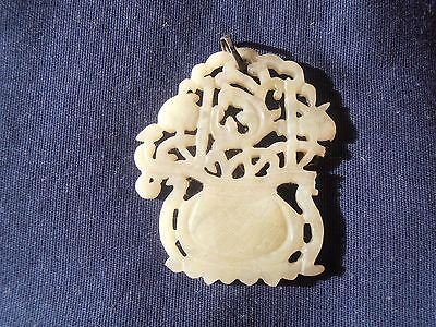 vintage open work carved chinese WHITE  JADE pendant 13 grams old silver clasp