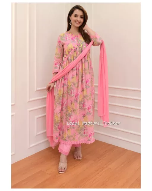 Pink Color Kurti Pant Dupatta Indian Handmade Wedding Party Wear Women Gift Suit