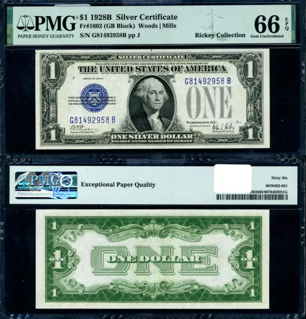 FR. 1602 $1 1928-B Silver Certificate G-B Block Gem PMG CU66 EPQ