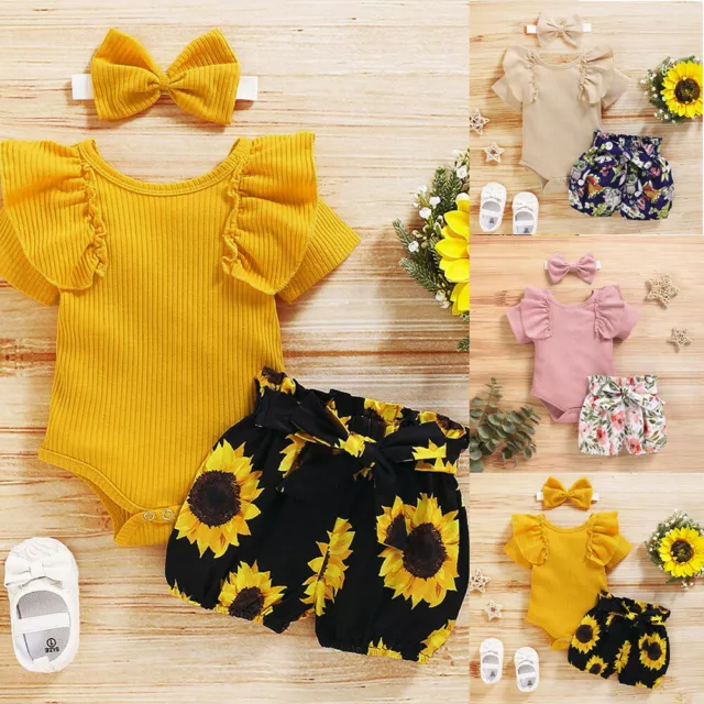 Newborn Baby Girl 3PCS Clothes Floral T Shirt Tops Shorts Headband Outfits Sets