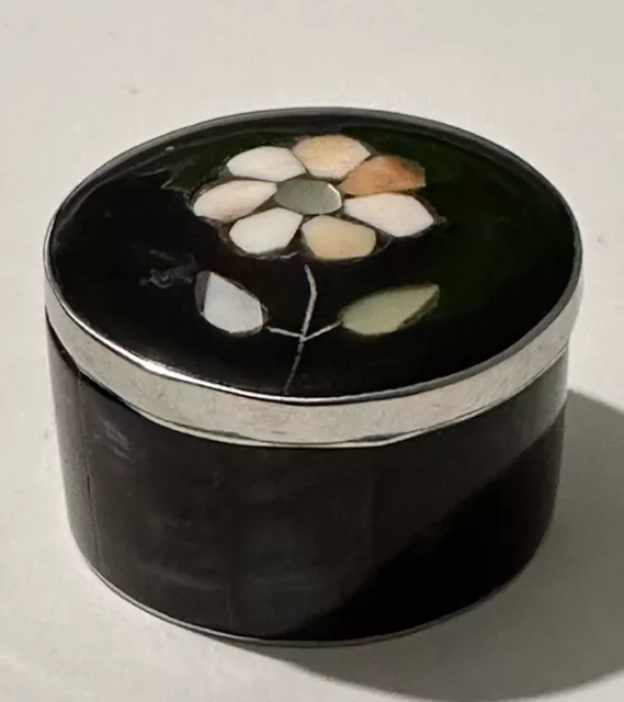 Vintage Brass Cloisonné Style Floral Pill Trinket Box Round Black Enamel Flower