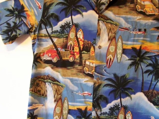 Chemise hawaïenne Royal Creations, palmiers au coucher du soleil, avions, planches de surf, voitures - taille : 2