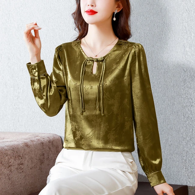 Chemisier Femme En Satin - Imprimé Floral Avec Broderie Et Nœud - Manches Longues - Neuf étiquette