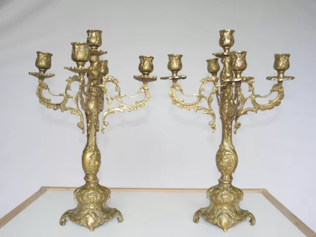 antique solid brass French 4 arms for 5 candles holders candelabra pair 2 pcs