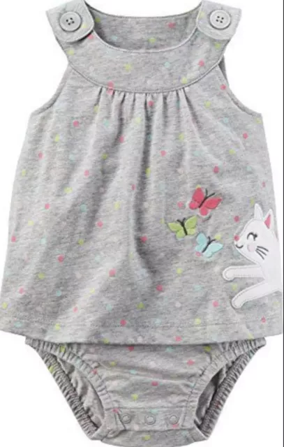 Carters Baby Girl Sundress Sunsuit Romper Size 12 Month Gray Polka Dot Cat Kitty