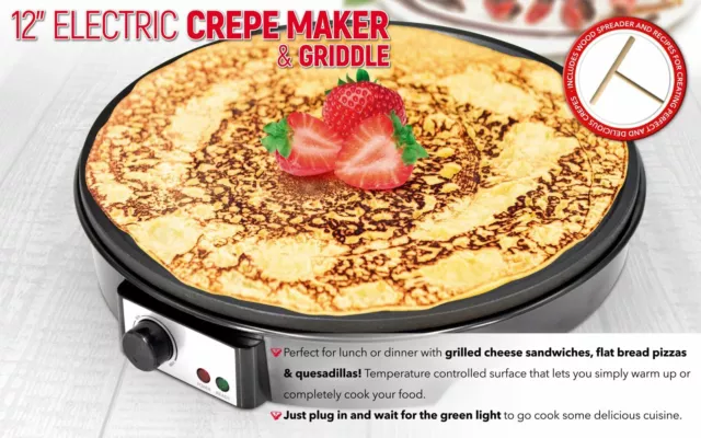 12” Electric Crepe & Pancake Maker Machine Hot Plate Griddle Non Stick 1000W 3