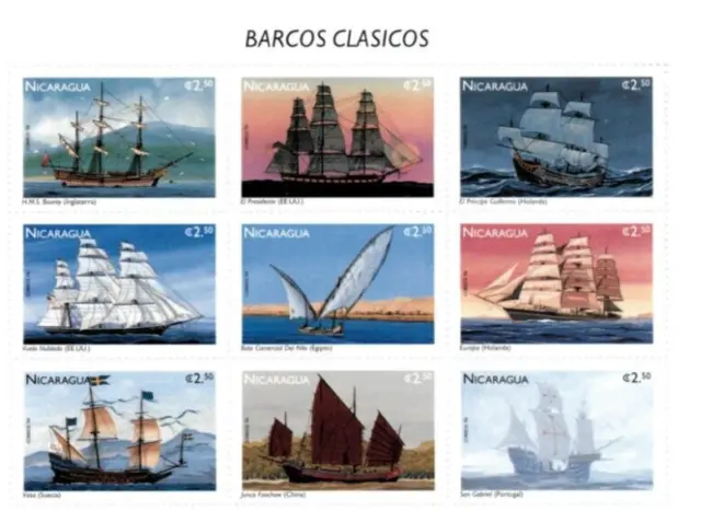 Nicaragua 1996 - Boats Ships - Sheet of 9 stamps - Scott #2150 - MNH