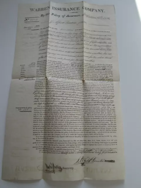 1829 Ship's Insurance Policy, "Brig Zephyr " Six Calendar Months $151.00 Premium