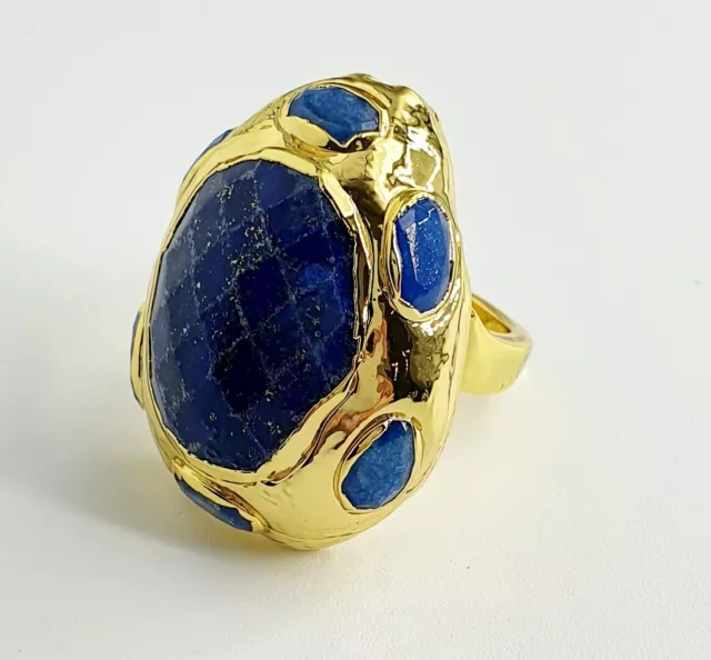 18k Gold Plated Large Sodalite Round Egg Statement Blue Stone Cocktail Ring