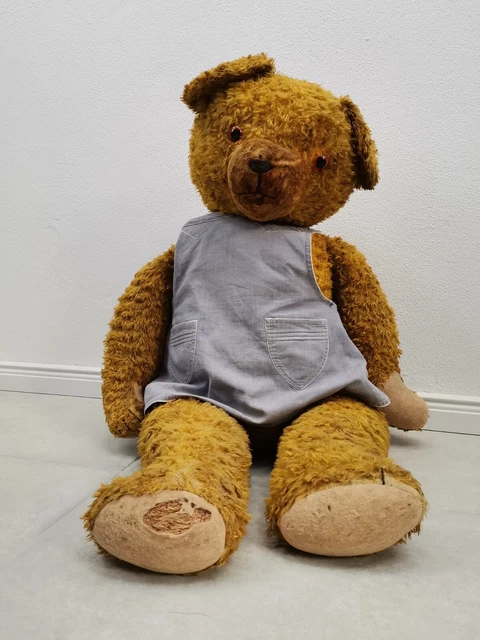 GROßER XXXL Teddy antik Stroh Holzwolle Glasaugen Stimme Spielzeug Bär bear gelb