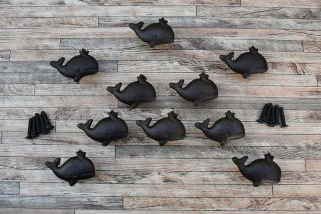 10Pc Vtg Cast Iron Whale Fish Shape Door Gate Drawer Cabinet Pulls Knobs Handle