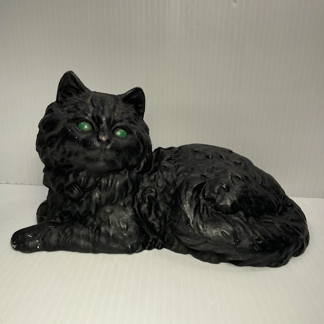 Vintage Cast Iron Black Cat Door Stop Green Eyes Kitten - Home Decor 10”