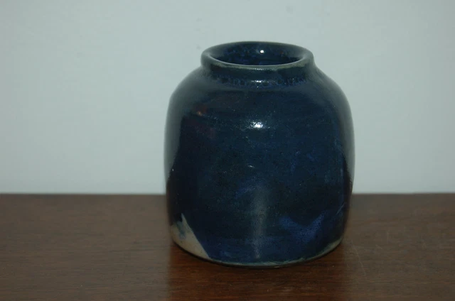JOLI VASE EN GRES VINTAGE signé  E.L  - POTERIE - petit pot bleu 7 cm